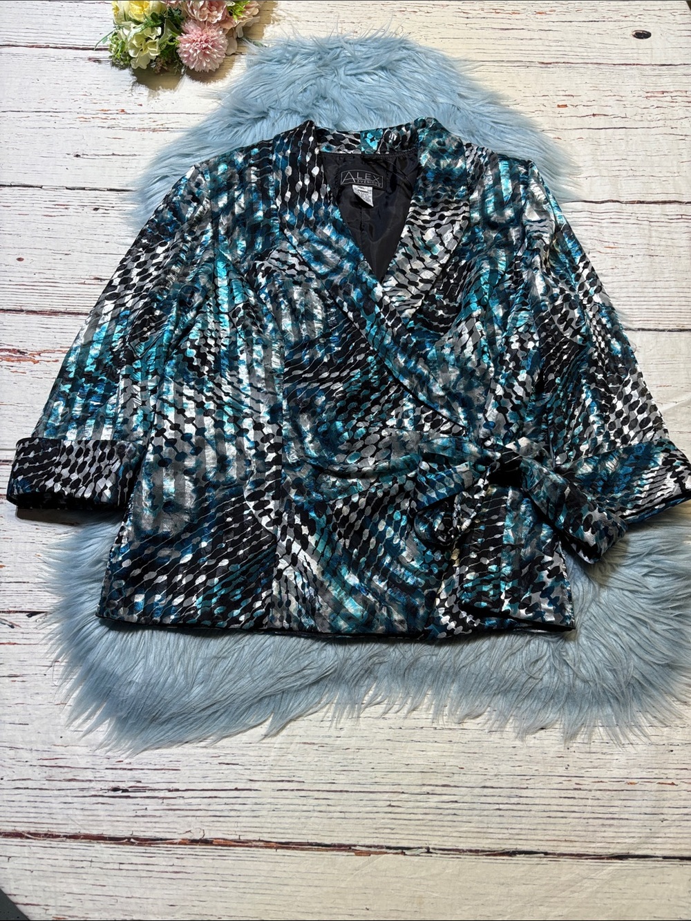 Alex Evenings Teal, Black & White Abstract Wrap Jacket sz XL